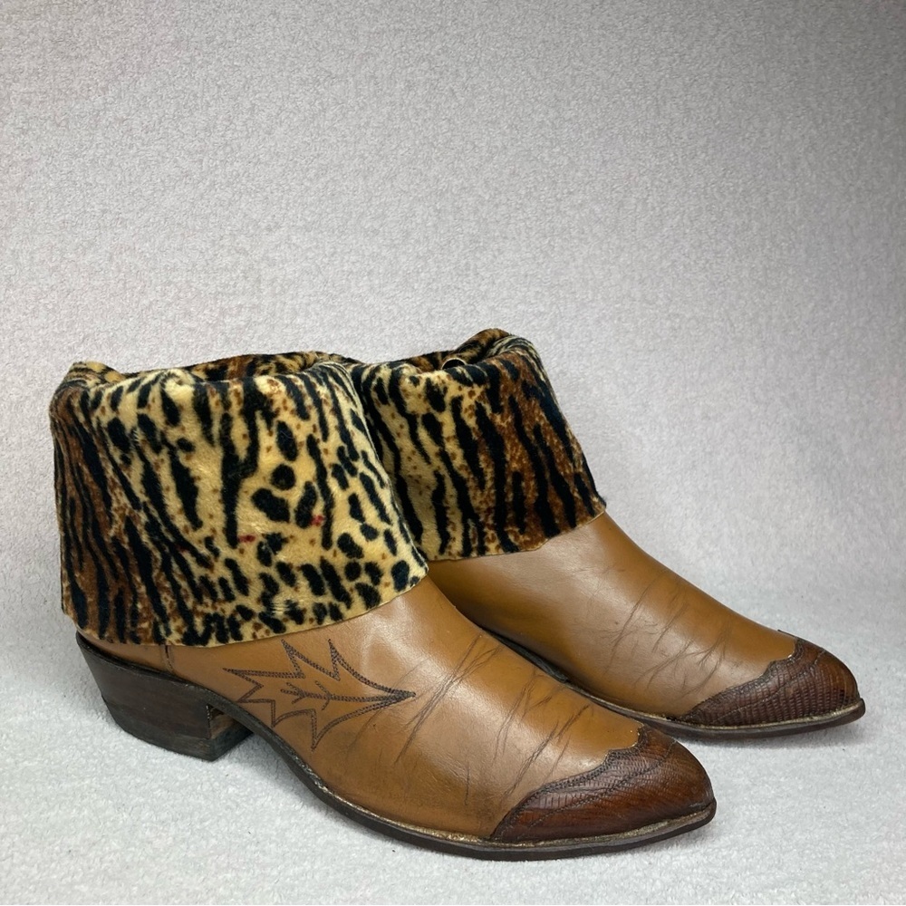 Vintage Leather Western Cowgirl Ankle Boots Womens 7.5 Brown Cheetah Cuff Accent